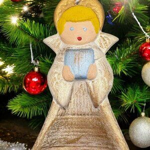 Vintage Golden Angel Christmas Tree Ornament with Present Hand Painted